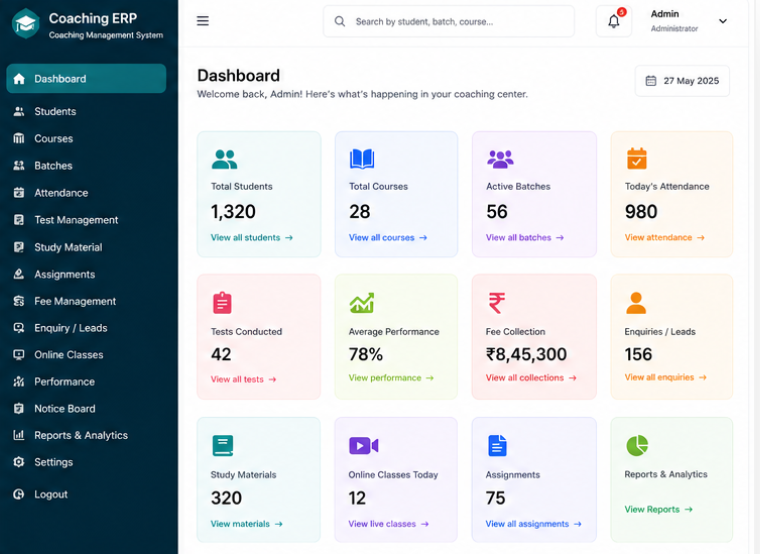 Coaching ERP Admin Dashboard – TechForest Software