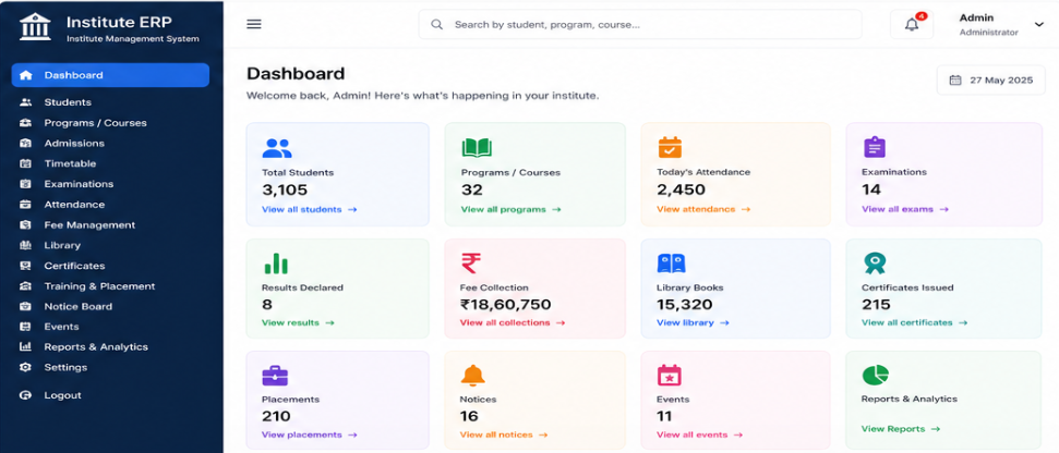 Institute ERP Admin Dashboard – TechForest Software